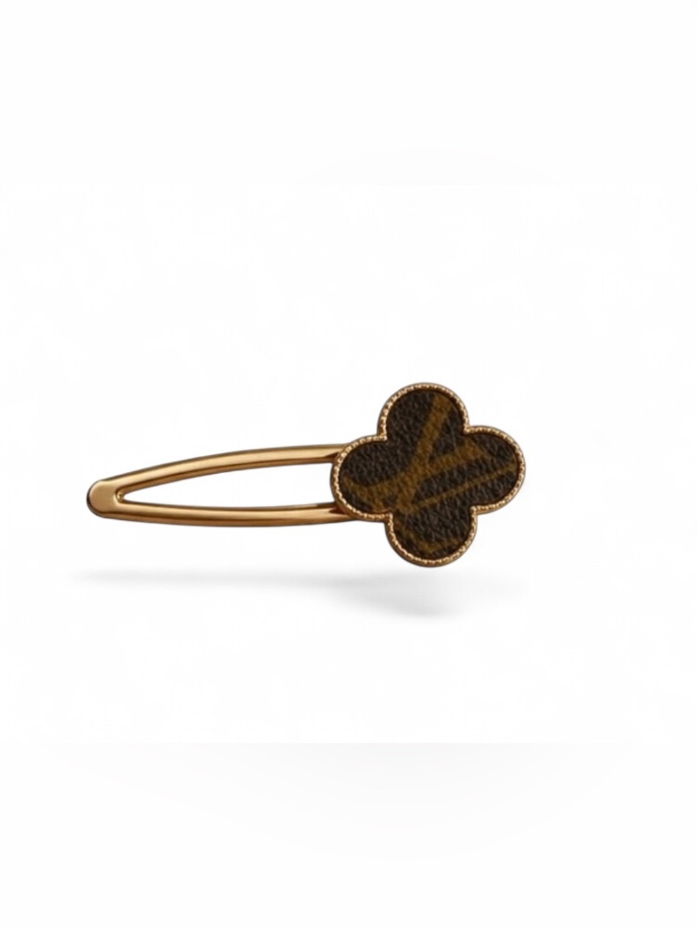 Upcycled Louis Vuitton Gold Tone Clover Hair Clip with Brown Monogram Accent